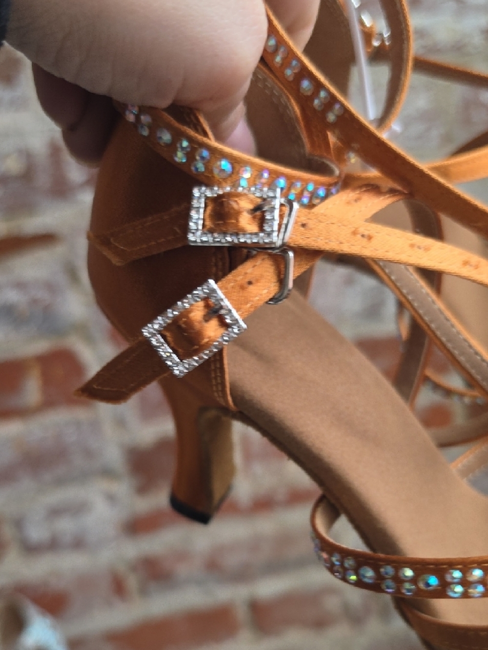 Satin Strappy Dance Heels in Copper with Crystal Accents - Picture 4 of 8